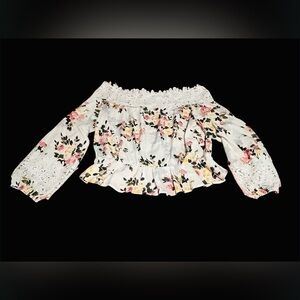 SHEIN White and Pink Floral Lace Blouse